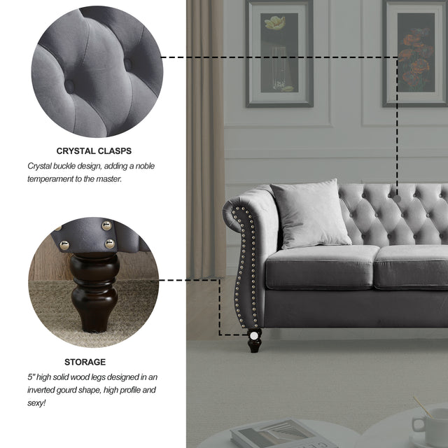 [Video] 80" Chesterfield Sofa Grey Velvet for Living Room, 3 Seater Sofa Tufted Couch with Rolled Arms and Nailhead for Living Room, Bedroom, Office, Apartment, two pillows