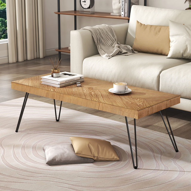 ON-TREND Modern Coffee Table, Easy Assembly Tea Table, Thicken Cocktail Table with w/Chevron Pattern & Metal Hairpin Legs for Living Room, Ash Wood Finished