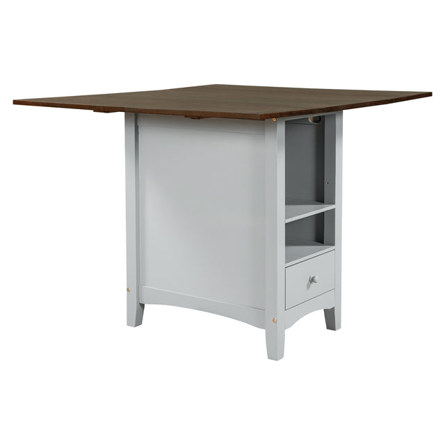 TOPMAX Farmhouse Wood Counter Height 5-Piece Dining Table Set with Drop Leaf, Kitchen Set with Wine Rack and Drawers for Small Places,  Cherry+Gray