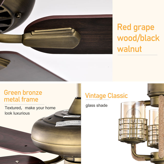 52inch Bronze Metal 3 Lights Ceiling Fan with 5 Wood Blades, Two-color fan blade, AC Motor, Remote Control, Reversible Airflow, Multi-Speed, Adjustable Height, Traditional Ceiling Fan