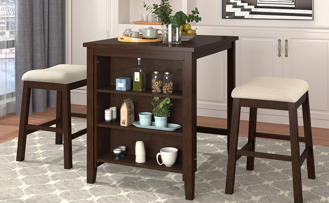 TOPMAX 3 Piece Dining Table with Padded Stools, Table Set with Storage Shelf,Brown