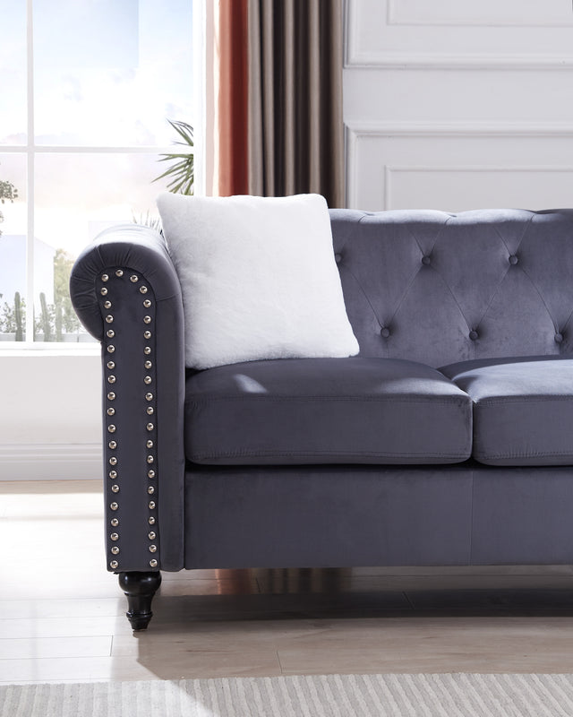 Loveseat  Living Room Sofa, with Button and Copper Nail on Arms and Back, Two White Villose Pillow, Velvet Grey (60"x34.5"x30")