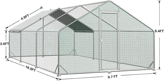 Large Metal Chicken Coop Walk-in Poultry Cage Hen Run House Rabbits Habitat Cage Spire Shaped Coop with Waterproof and Anti-Ultraviolet Cover (9.8' L x 19.7' W x 6.4' H)