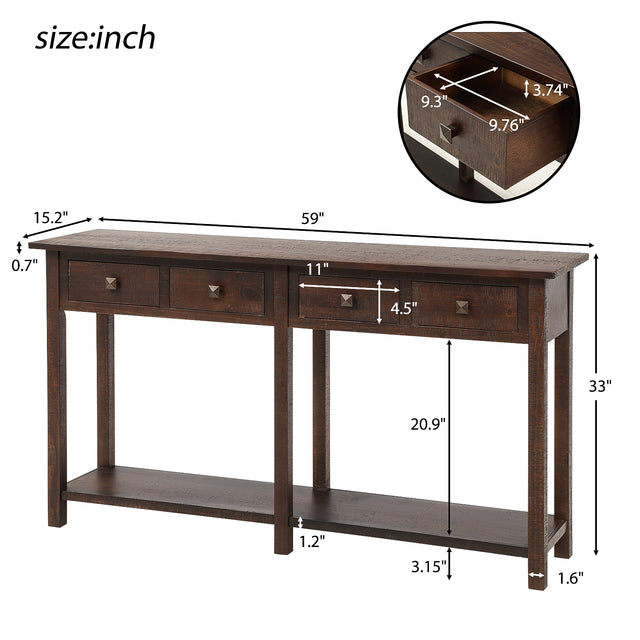 TREXM Rustic Brushed Texture Entryway Table Console Table with Drawer and Bottom Shelf for Living Room（Espresso）