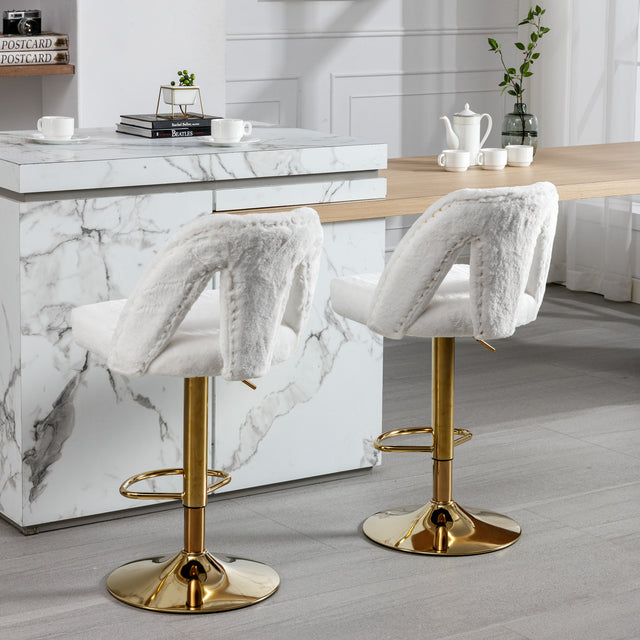 Golden Swivel Velvet Barstools Adjusatble Seat Height from 25-33 Inch, Modern Bar Stool & Counter Stools with Nailheads for Home Pub and Kitchen Island,Set of 2, Faux White Rabbit Hair