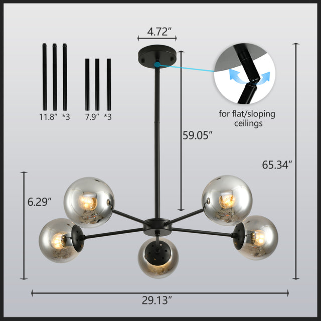 Modern American style chandelier-black-glass lampshade -5 bulbs