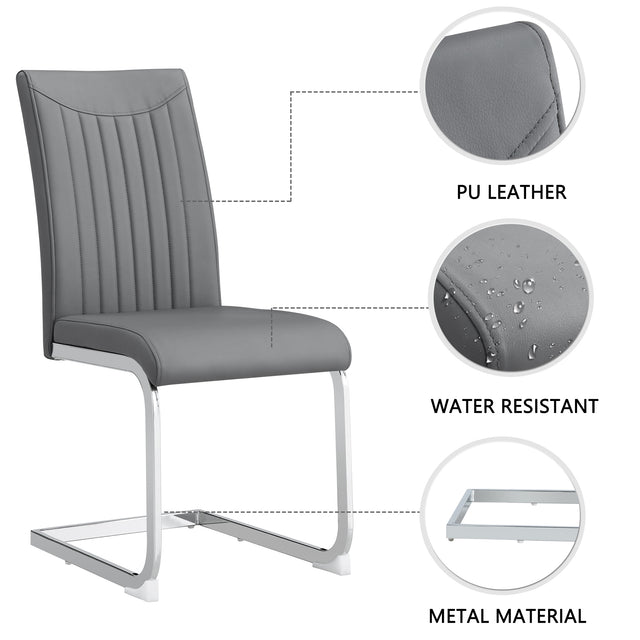 Modern Dining Plating leg Dining chair Chair, PU  Leather High Back Cushion Side  Chair with Vertical stripe backrest pattern for Dining Room Kitchen Vanity Patio Office Chair (Set of 4) (Grey+PU)