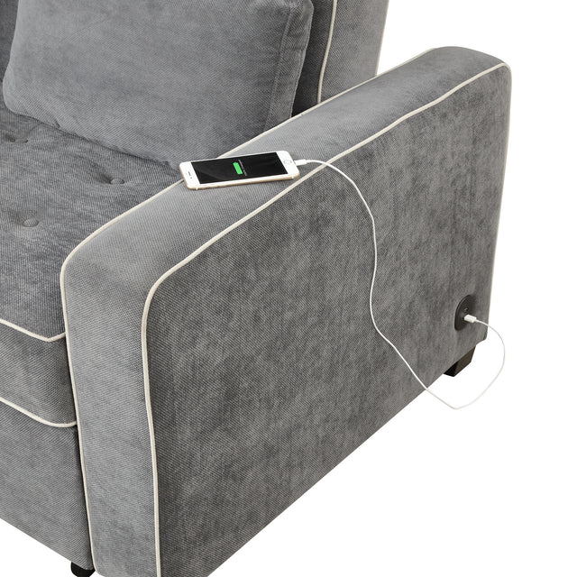 65.7" Linen Upholstered Sleeper , Pull Out Sofa Couch attached two throw pillows,Dual USB Charging Port and Adjustable Backrest for Living Room Space，Charcoal Gray