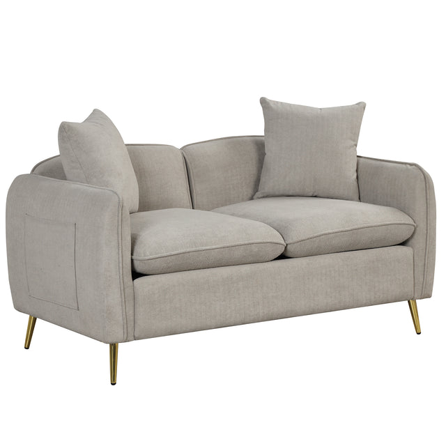 57.8" Velvet Upholstered Loveseat Sofa,Loveseat Couch with 2 Pillows Modern Sofa with Golden Metal Legs for Small Spaces,Living Room,Apartment,Gray