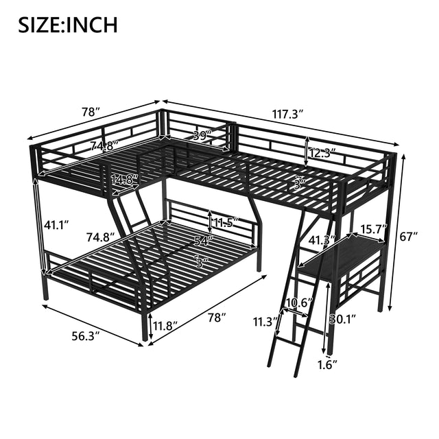 Twin over Full Bunk Bed with a Twin Size Loft Bed attached, with a Desk, Metal, Black