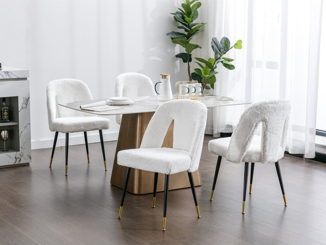 A&A Furniture,Akoya Collection Modern | Contemporary Rabbit Fur Fibre Upholstered Dining Chair with Nailheads and Gold Tipped Black Metal Legs, Cream White，Set of 2