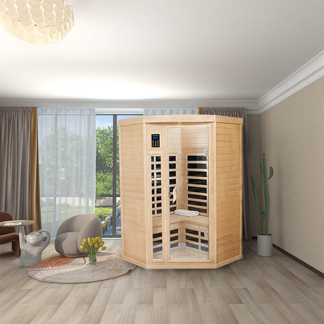Pentagonal  Canadian hemlock sauna room.Far Infrared Sauna 7 Low EMF Heaters, Wooden Sauna Room 1600 Watt, Chromotherapy, Bluetooth Speaker, LCD, LED.Celsius can be converted to Fahrenheit.