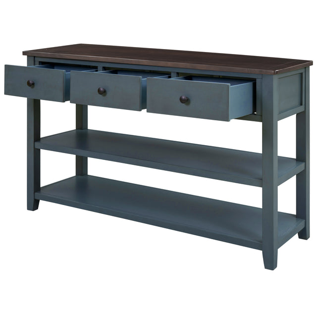 TREXM Retro Design Console Table with Two Open Shelves, Pine Solid Wood Frame and Legs for Living Room (Navy)