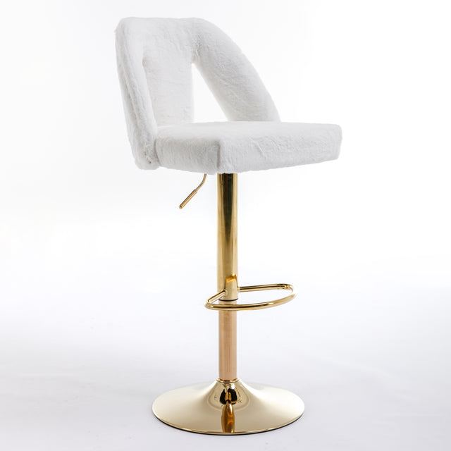 Golden Swivel Velvet Barstools Adjusatble Seat Height from 25-33 Inch, Modern Bar Stool & Counter Stools with Nailheads for Home Pub and Kitchen Island,Set of 2, Faux White Rabbit Hair
