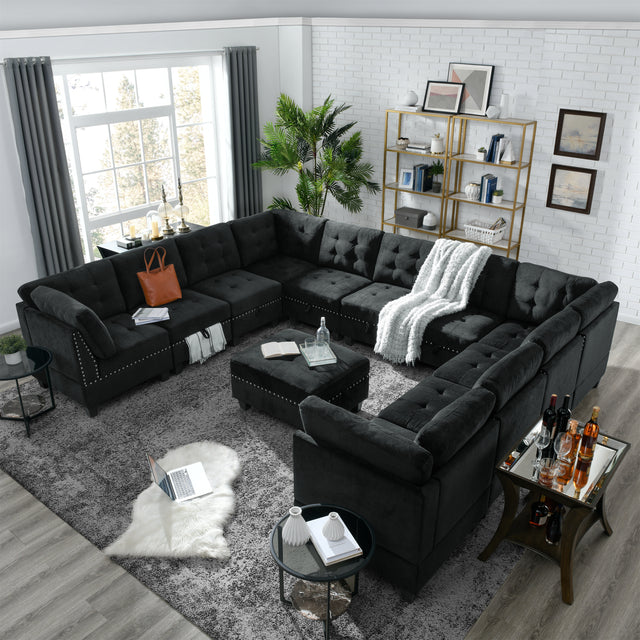 U shape Modular Sectional Sofa，DIY Combination，includes Seven Single Chair， Four Corner and One Ottoman，Black Velvet.