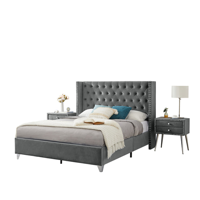 B100S Queen bed with one nightstand, Button designed Headboard,strong wooden slats + metal legs with Electroplate