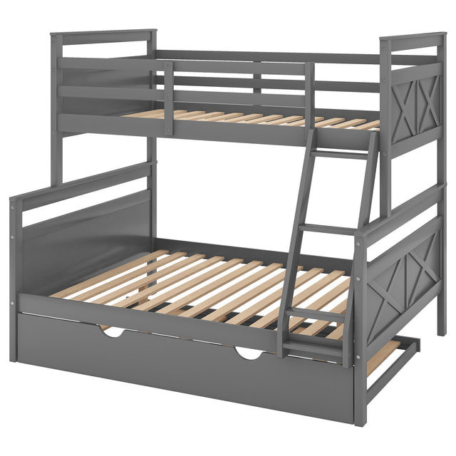 Twin over Full Bunk Bed with Ladder, Twin Size Trundle, Safety Guardrail, Gray