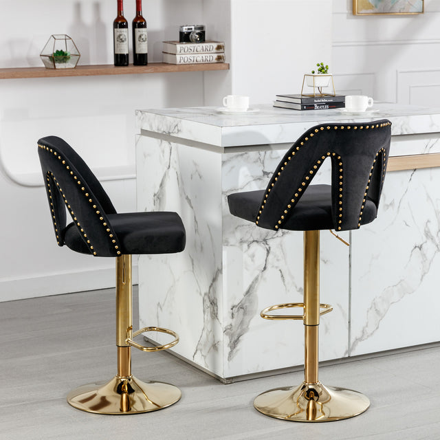 Golden Swivel Velvet Barstools Adjusatble Seat Height from 25-33 Inch, Modern Upholstered Bar Stool & Counter Stools with Nailheads for Home Pub and Kitchen Island,Set of 2, Black