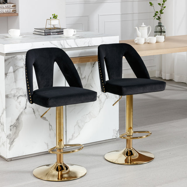 Golden Swivel Velvet Barstools Adjusatble Seat Height from 25-33 Inch, Modern Upholstered Bar Stool & Counter Stools with Nailheads for Home Pub and Kitchen Island,Set of 2, Black