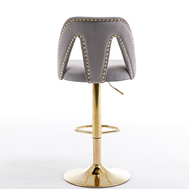Golden Swivel Velvet Barstools Adjusatble Seat Height from 25-33 Inch, Modern Upholstered Bar Stool & Counter Stools with Nailheads for Home Pub and Kitchen Island,Set of 2, Gray