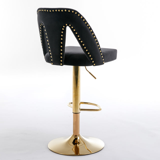 Golden Swivel Velvet Barstools Adjusatble Seat Height from 25-33 Inch, Modern Upholstered Bar Stool & Counter Stools with Nailheads for Home Pub and Kitchen Island,Set of 2, Black