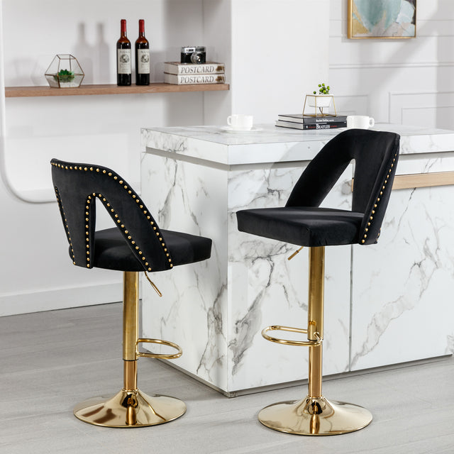 Golden Swivel Velvet Barstools Adjusatble Seat Height from 25-33 Inch, Modern Upholstered Bar Stool & Counter Stools with Nailheads for Home Pub and Kitchen Island,Set of 2, Black