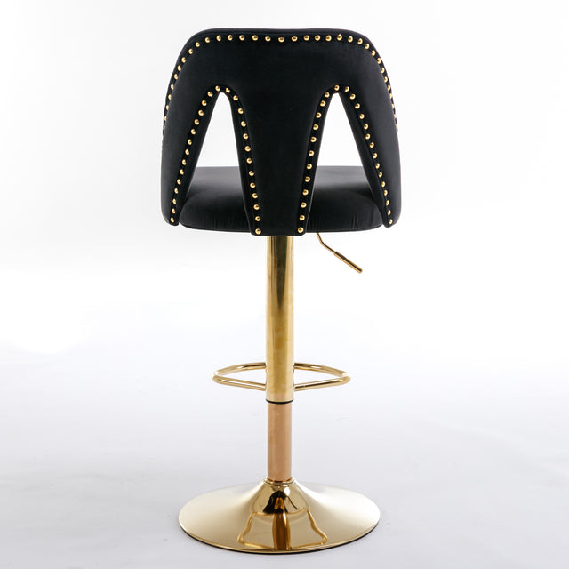 Golden Swivel Velvet Barstools Adjusatble Seat Height from 25-33 Inch, Modern Upholstered Bar Stool & Counter Stools with Nailheads for Home Pub and Kitchen Island,Set of 2, Black