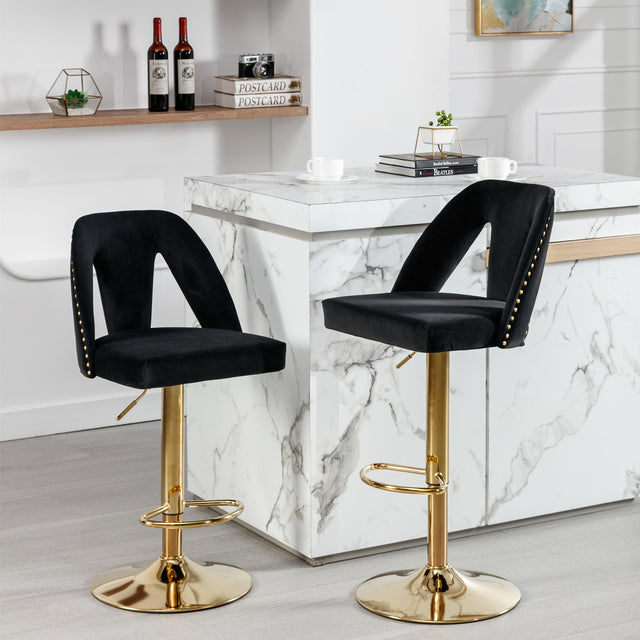 Golden Swivel Velvet Barstools Adjusatble Seat Height from 25-33 Inch, Modern Upholstered Bar Stool & Counter Stools with Nailheads for Home Pub and Kitchen Island,Set of 2, Black