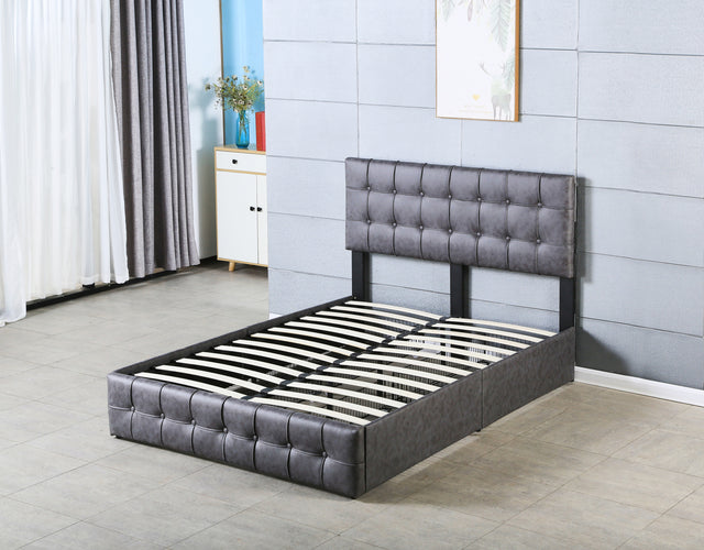 Queen Size Grey Tech cloth Button Embedded Adjustable Headboard Height Upholstered Platform Bed Frame  with 4 Storage Drawers