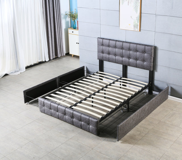Queen Size Grey Tech cloth Button Embedded Adjustable Headboard Height Upholstered Platform Bed Frame  with 4 Storage Drawers