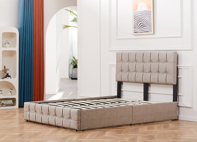 Queen size Upholstered Storage Bed Frame with Adjustable Headboard, Square Stitched Button Tech cloth, Platform Beds Frame with Wood Slat Support, No Box Spring Needed,  Beige 4 Drawers and