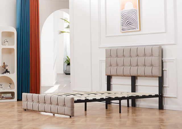 Full Size Bed Frame, Modern Upholstered Platform Bed Frame Lights and Height Adjustable Headboard, Square Stitched Button Tech cloth, No Box Spring Needed/Easy Assembly/Pack in 1-Box/Noise-Free ,Beige