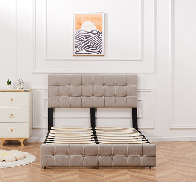Full Size Bed Frame, Modern Upholstered Platform Bed Frame Lights and Height Adjustable Headboard, Square Stitched Button Tech cloth, No Box Spring Needed/Easy Assembly/Pack in 1-Box/Noise-Free ,Beige