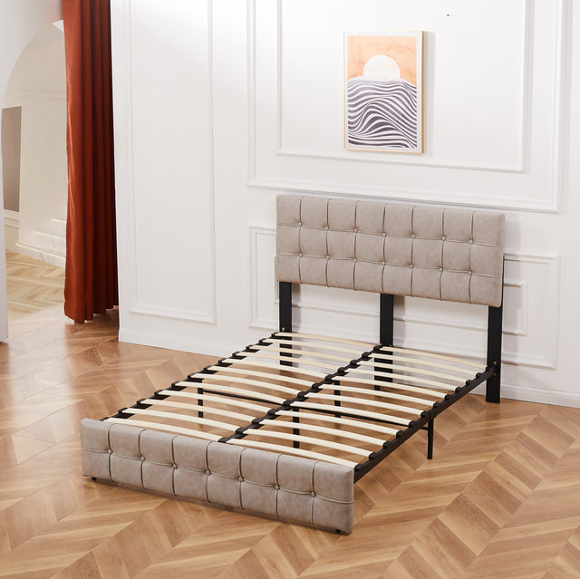 Full Size Bed Frame, Modern Upholstered Platform Bed Frame Lights and Height Adjustable Headboard, Square Stitched Button Tech cloth, No Box Spring Needed/Easy Assembly/Pack in 1-Box/Noise-Free ,Beige