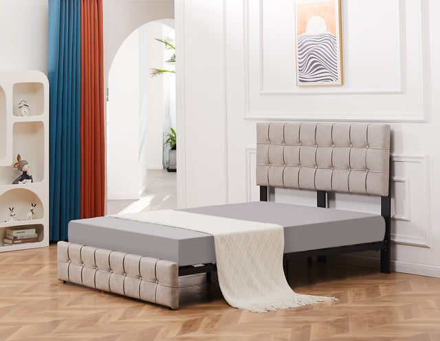 Full Size Bed Frame, Modern Upholstered Platform Bed Frame Lights and Height Adjustable Headboard, Square Stitched Button Tech cloth, No Box Spring Needed/Easy Assembly/Pack in 1-Box/Noise-Free ,Beige