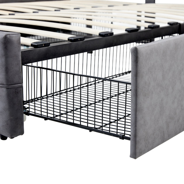 Queen Size Grey Tech cloth Button Embedded Adjustable Headboard Height Upholstered Platform Bed Frame  with 4 Storage Drawers