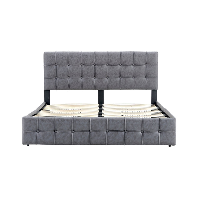Queen Size Grey Tech cloth Button Embedded Adjustable Headboard Height Upholstered Platform Bed Frame  with 4 Storage Drawers