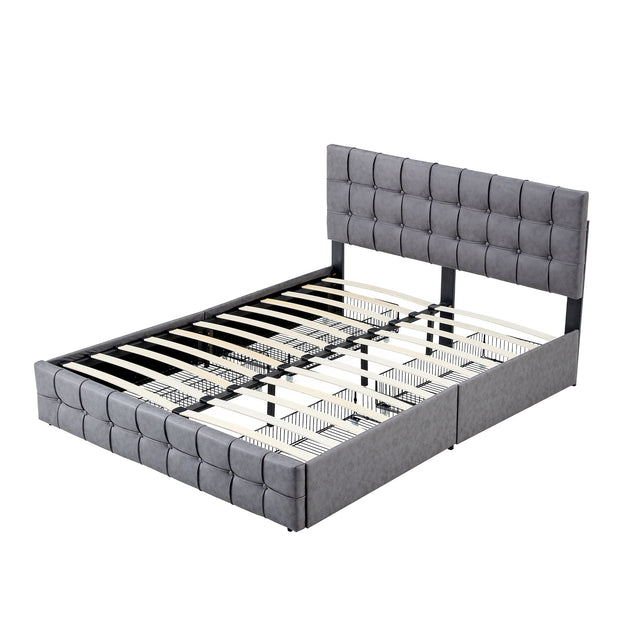 Queen Size Grey Tech cloth Button Embedded Adjustable Headboard Height Upholstered Platform Bed Frame  with 4 Storage Drawers