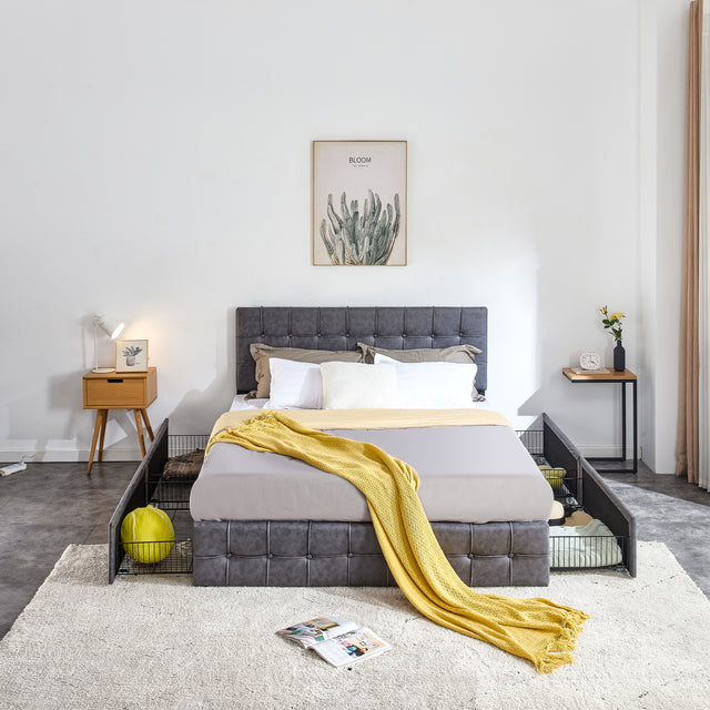 Queen Size Grey Tech cloth Button Embedded Adjustable Headboard Height Upholstered Platform Bed Frame  with 4 Storage Drawers