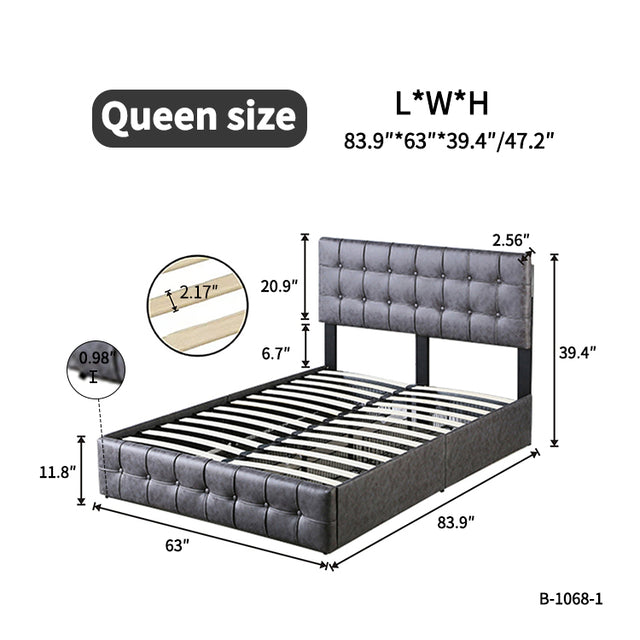 Queen Size Grey Tech cloth Button Embedded Adjustable Headboard Height Upholstered Platform Bed Frame  with 4 Storage Drawers