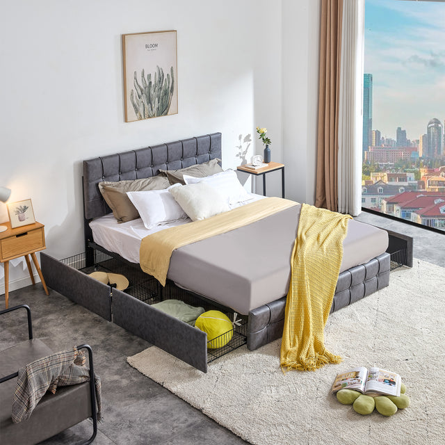 Queen Size Grey Tech cloth Button Embedded Adjustable Headboard Height Upholstered Platform Bed Frame  with 4 Storage Drawers