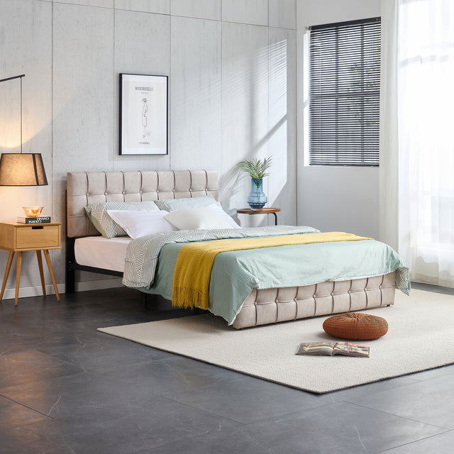 Full Size Bed Frame, Modern Upholstered Platform Bed Frame Lights and Height Adjustable Headboard, Square Stitched Button Tech cloth, No Box Spring Needed/Easy Assembly/Pack in 1-Box/Noise-Free ,Beige