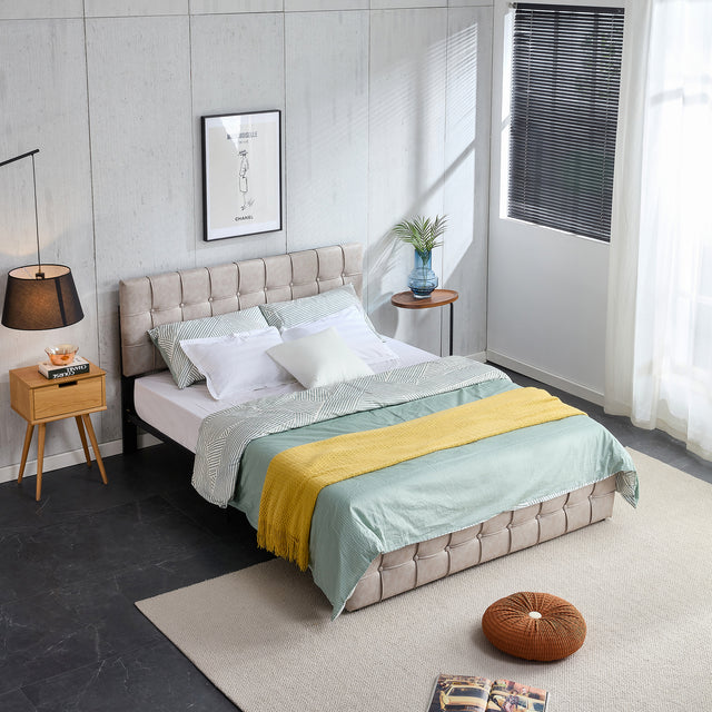 Full Size Bed Frame, Modern Upholstered Platform Bed Frame Lights and Height Adjustable Headboard, Square Stitched Button Tech cloth, No Box Spring Needed/Easy Assembly/Pack in 1-Box/Noise-Free ,Beige