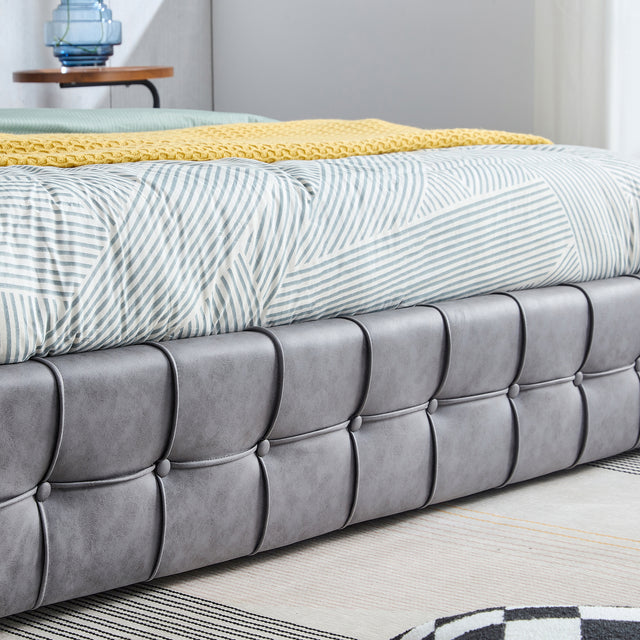 Queen Size Grey Tech cloth Button Embedded Adjustable Headboard Height Upholstered Platform Bed Frame  with 4 Storage Drawers