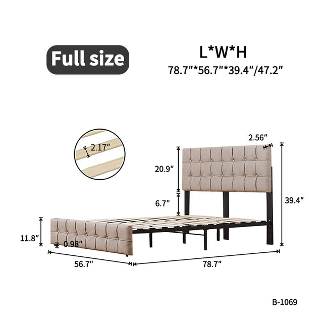 Full Size Bed Frame, Modern Upholstered Platform Bed Frame Lights and Height Adjustable Headboard, Square Stitched Button Tech cloth, No Box Spring Needed/Easy Assembly/Pack in 1-Box/Noise-Free ,Beige