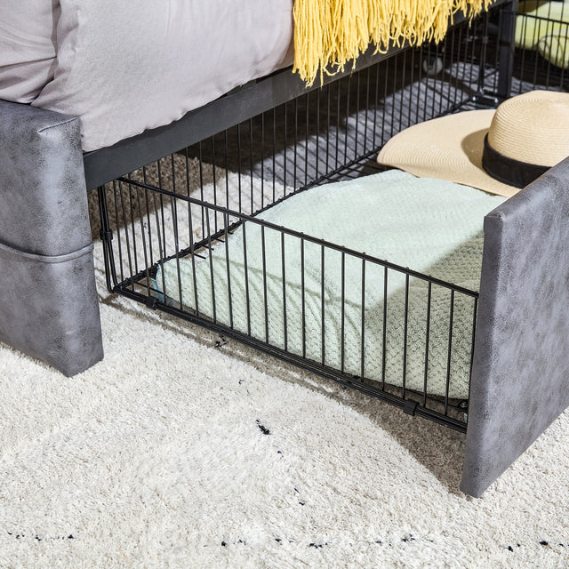 Queen Size Grey Tech cloth Button Embedded Adjustable Headboard Height Upholstered Platform Bed Frame  with 4 Storage Drawers