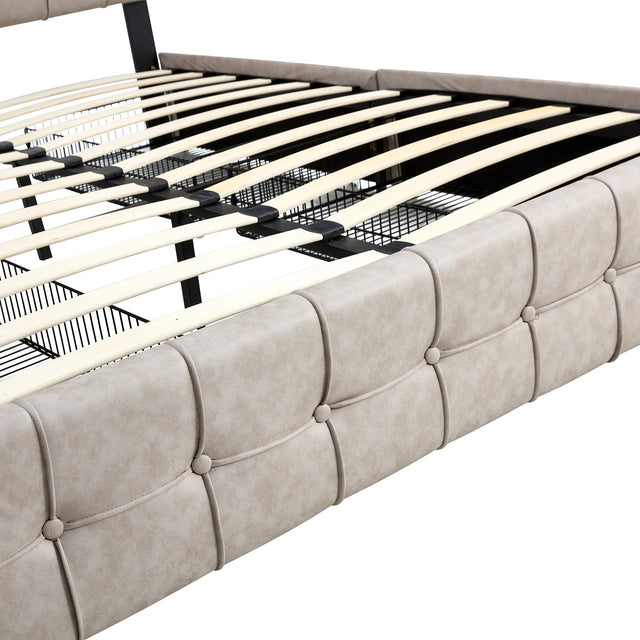 Queen size Upholstered Storage Bed Frame with Adjustable Headboard, Square Stitched Button Tech cloth, Platform Beds Frame with Wood Slat Support, No Box Spring Needed,  Beige 4 Drawers and