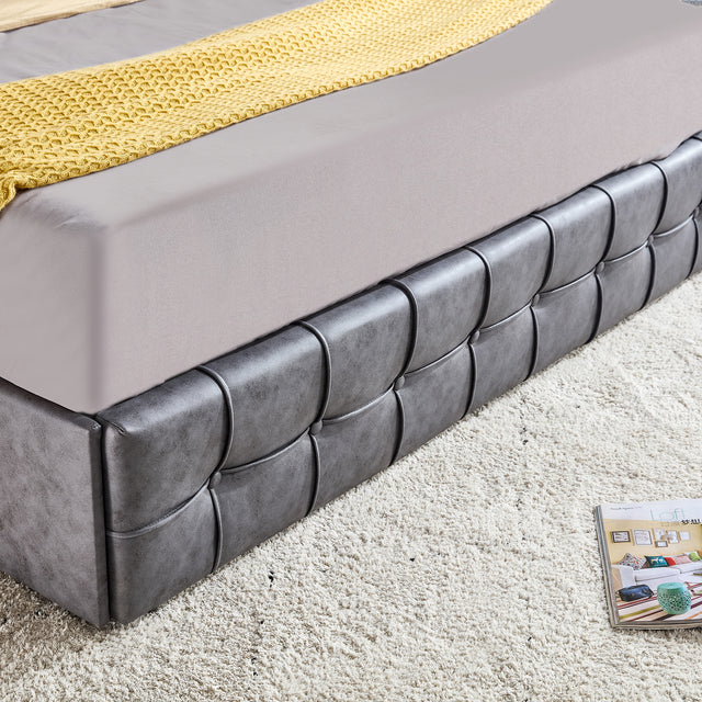 Queen Size Grey Tech cloth Button Embedded Adjustable Headboard Height Upholstered Platform Bed Frame  with 4 Storage Drawers