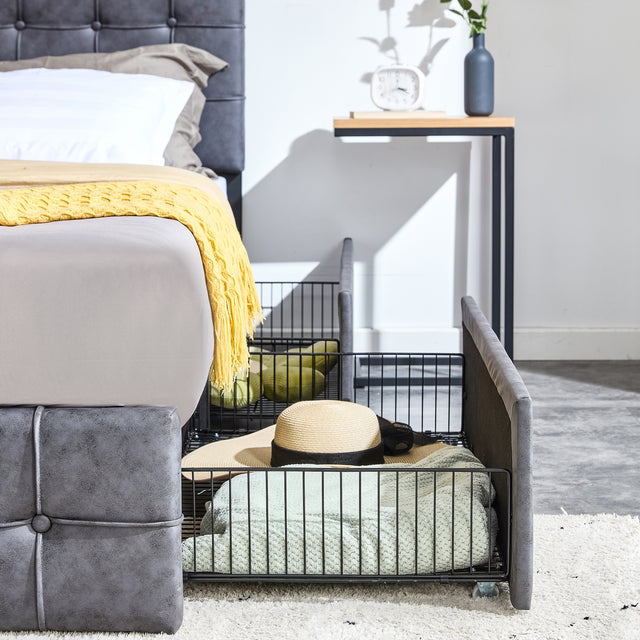 Queen Size Grey Tech cloth Button Embedded Adjustable Headboard Height Upholstered Platform Bed Frame  with 4 Storage Drawers