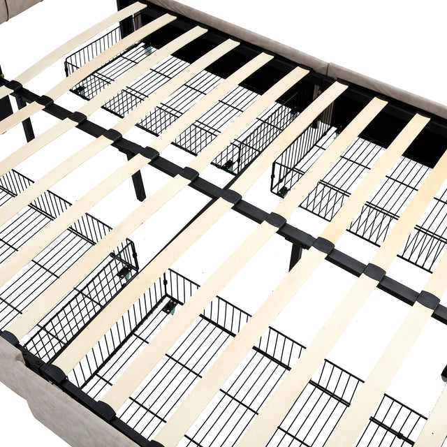Queen size Upholstered Storage Bed Frame with Adjustable Headboard, Square Stitched Button Tech cloth, Platform Beds Frame with Wood Slat Support, No Box Spring Needed,  Beige 4 Drawers and